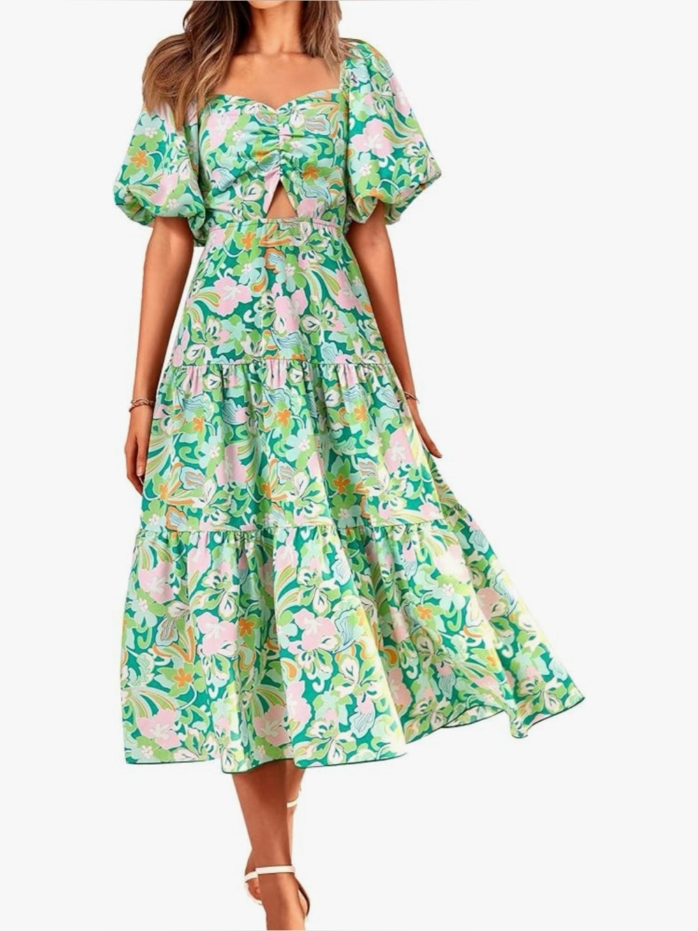 Floral Puff-Sleeve Maxi Dress - Green Floral